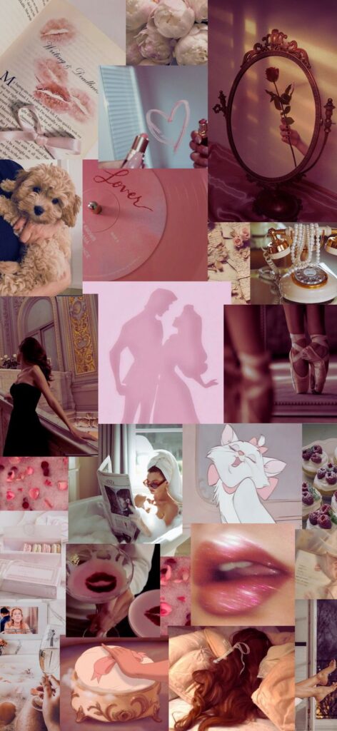 Romantic pink aesthetic collage featuring flowers, lipstick, vintage items, and silhouettes. Perfect for a dreamy ambiance.