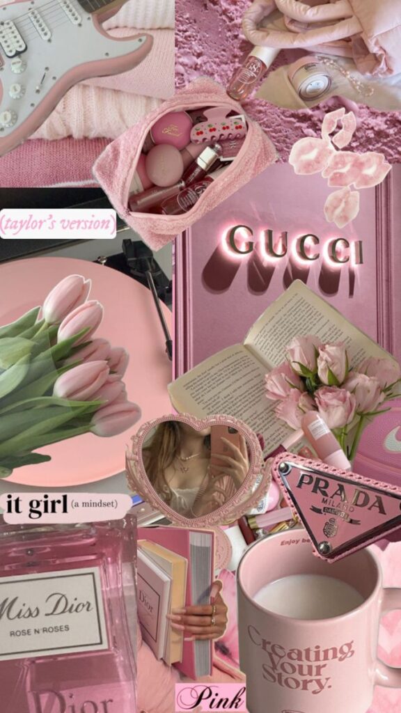 Pink aesthetic collage featuring guitar, beauty products, flowers, and luxury brands for an elegant and stylish vibe.