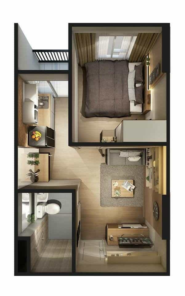 Pinterest Top view of a compact, modern one-bedroom apartment layout with kitchen, bathroom, and living area. | Sky Rye Design Top view of a compact, modern one-bedroom apartment layout with kitchen, bathroom, and living area.