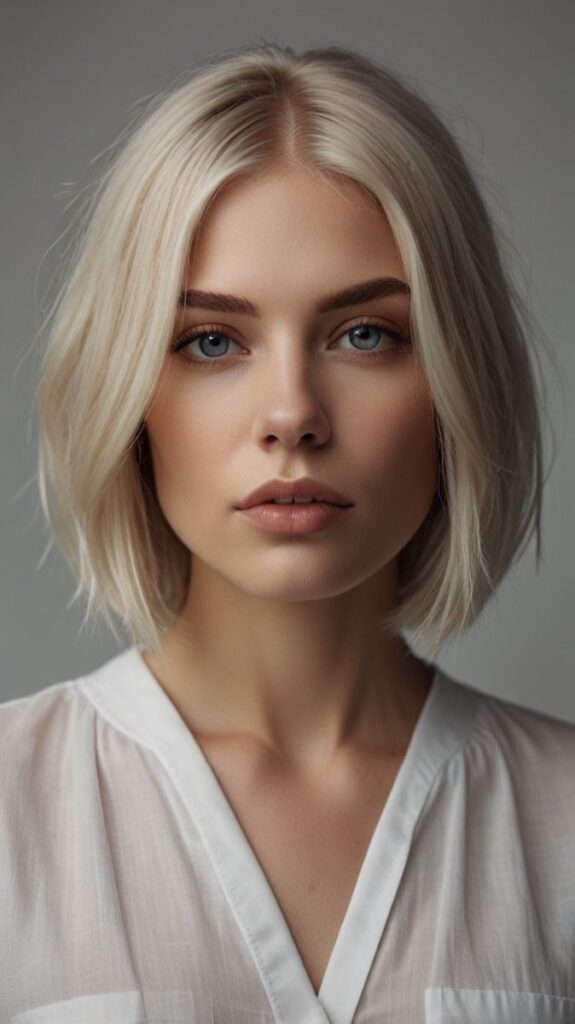 Woman with short blonde hair and white top, looking at the camera against a gray background.