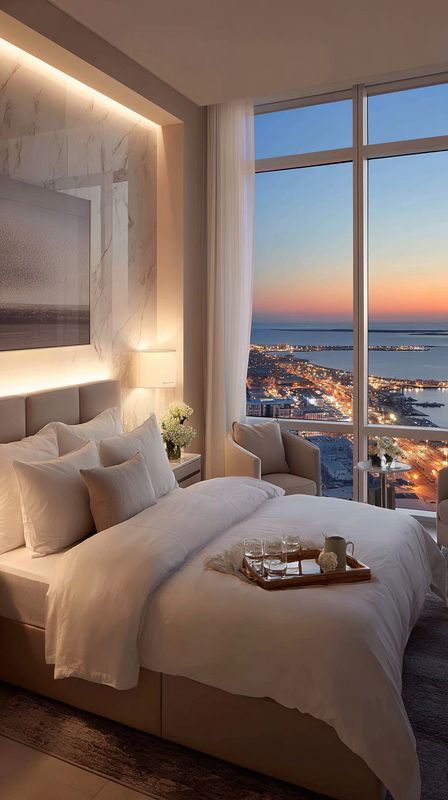 Plush White Hotel Bedroom Room Designs Luxurious hotel bedroom with ocean view at sunset, featuring a cozy bed, elegant decor, and a tray with drinks. | Sky Rye Design Luxurious hotel bedroom with ocean view at sunset, featuring a cozy bed, elegant decor, and a tray with drinks.