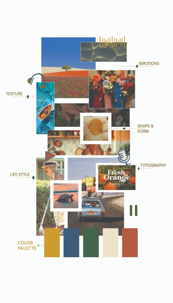 Mood board with elements of texture, emotions, lifestyle, typography, and color palette featuring diverse images.