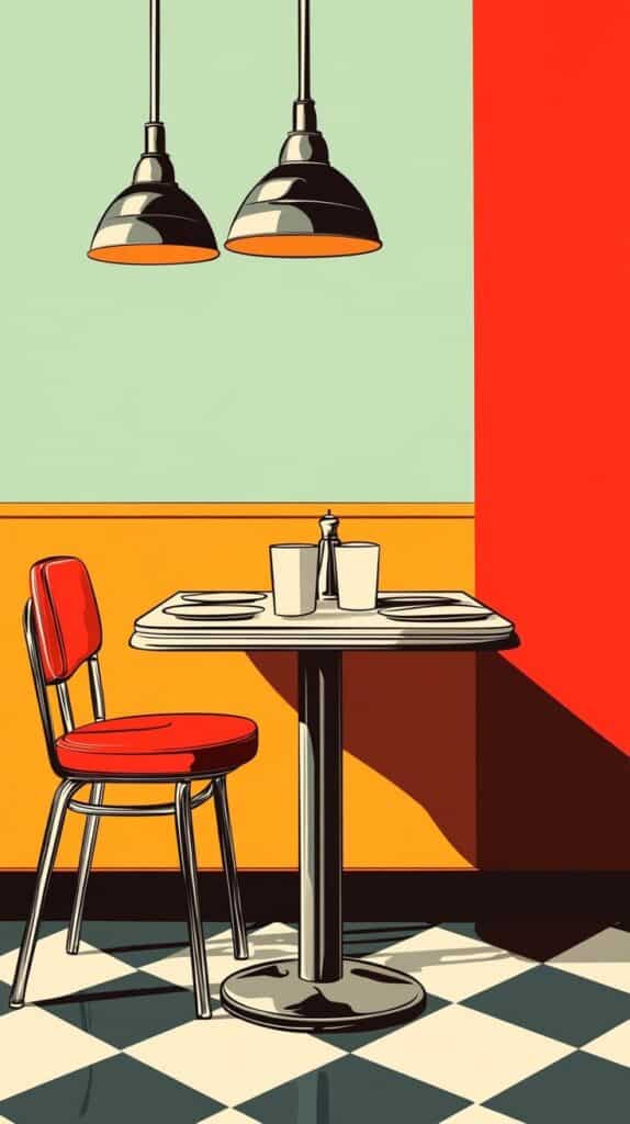 Pop Art Drawing Ideas_ Colorful Inspirations for Everyone - Artcorvibes 99 Retro diner scene with red chair, table set for two, and hanging lamps against colorful wall background. | Sky Rye Design Retro diner scene with red chair, table set for two, and hanging lamps against colorful wall background.