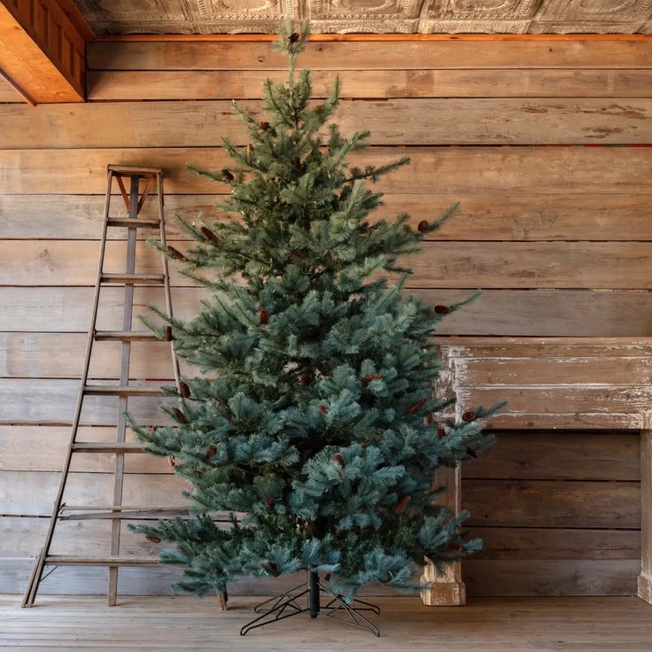 Rustic wooden room with a Christmas tree, vintage ladder, and fireplace mantel, conveying cozy holiday vibes.