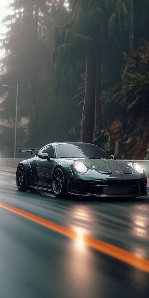Sleek black sports car driving on a rainy forest road, headlights on, evoking speed and luxury.