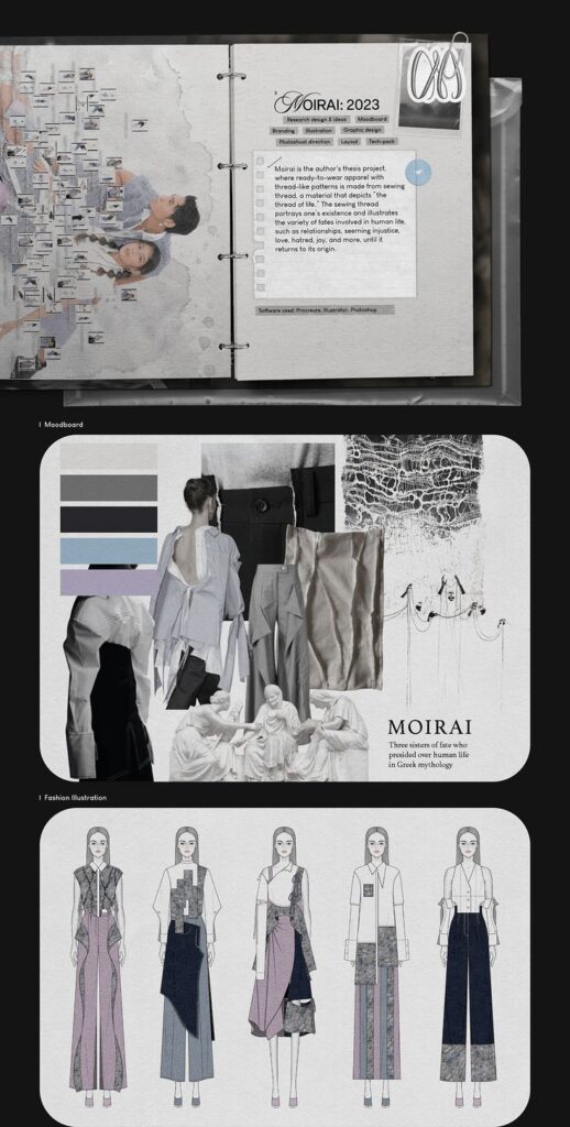 Fashion thesis project moodboard with color palette, textile samples, and illustrations inspired by Greek mythology.