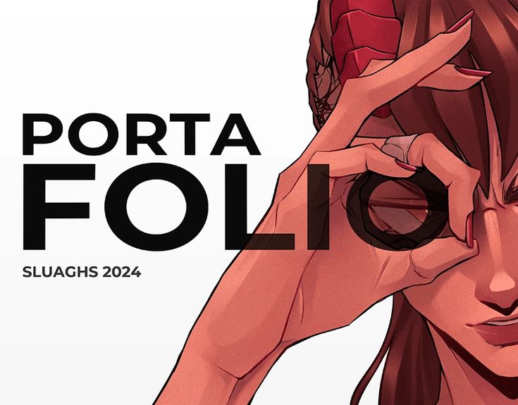 Illustrated character with horns making a hand gesture, beside bold text PORTAFOLIO SLUAGHS 2024.