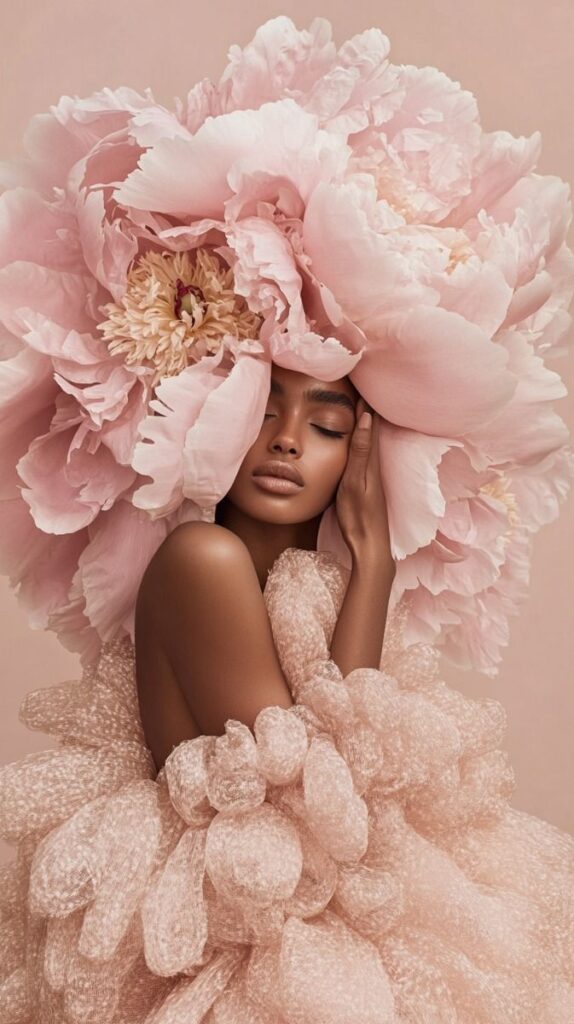 Portrait of a model with peonies Model adorned in pink peonies, wrapped in textured fabric, exuding elegance against a soft background. | Sky Rye Design Model adorned in pink peonies, wrapped in textured fabric, exuding elegance against a soft background.