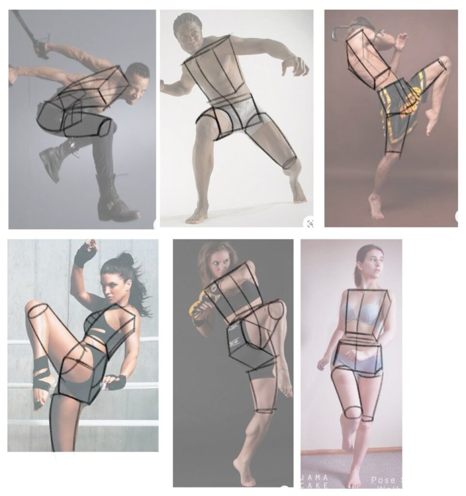 Illustration of dynamic martial arts poses with overlaid anatomical line drawings.