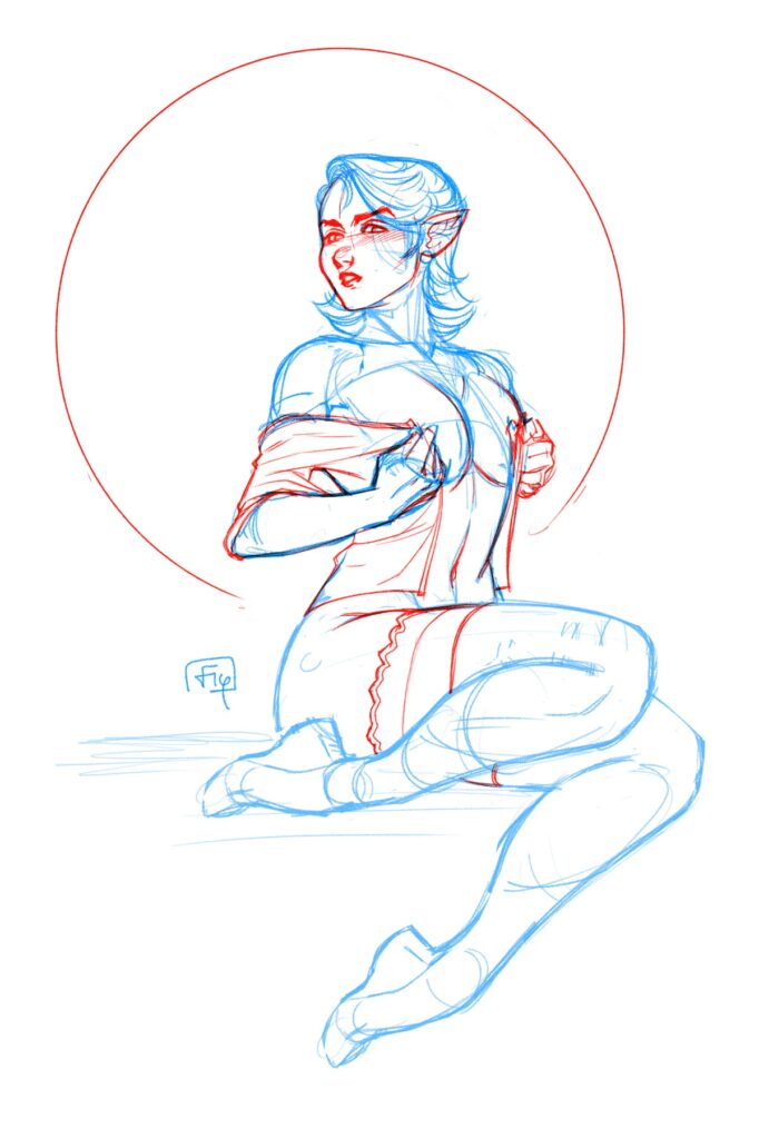 Fantasy sketch of an elf character, posing with intricate armor and a circular backdrop.