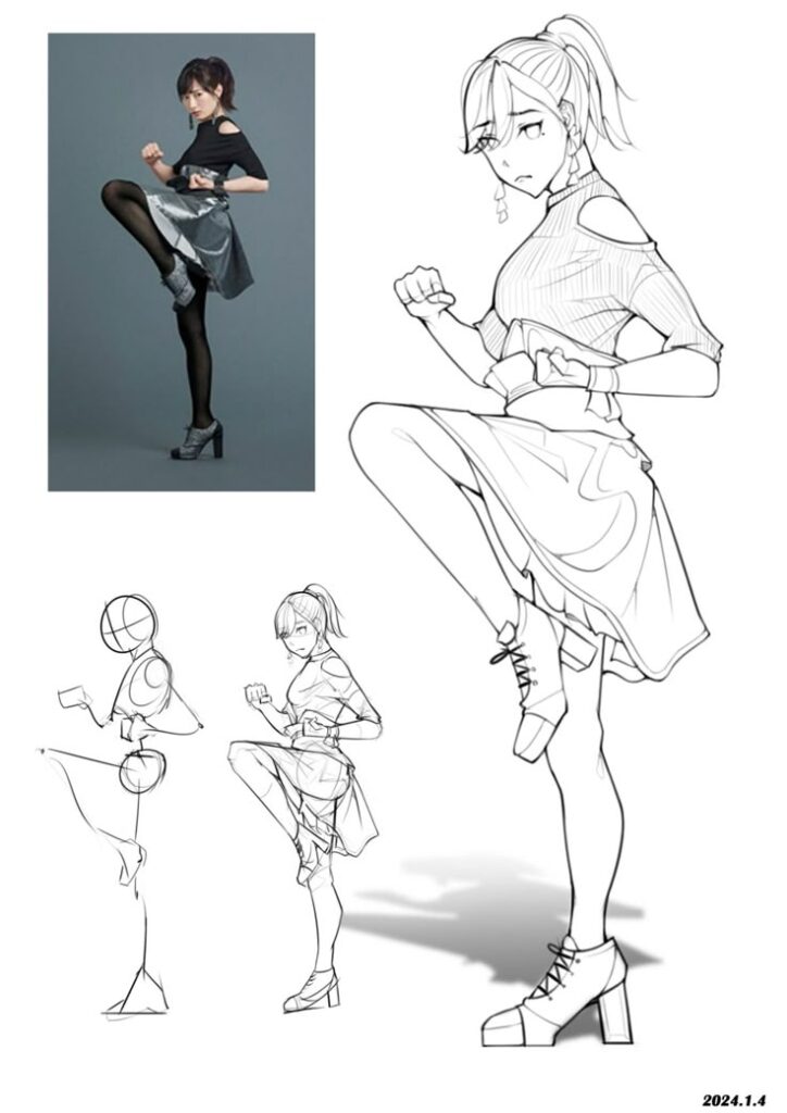 Person in a raised leg pose with a sketch progression from outline to detailed anime-style drawing.