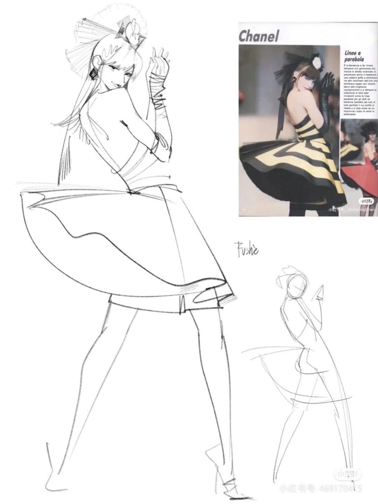 Fashion sketch and magazine page of a woman in a striped dress, inspired by Chanel design with artistic flair.