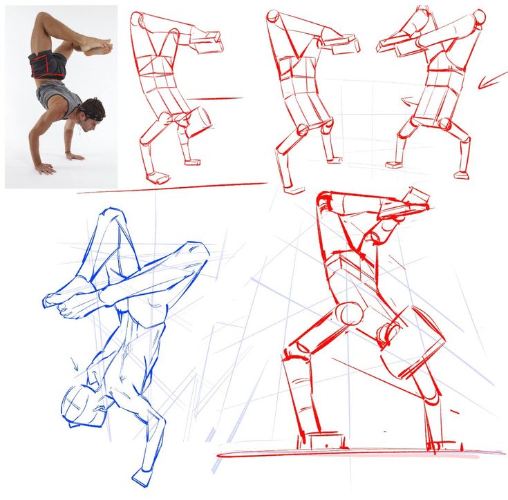 Man performing handstand with study sketches illustrating the pose and steps.