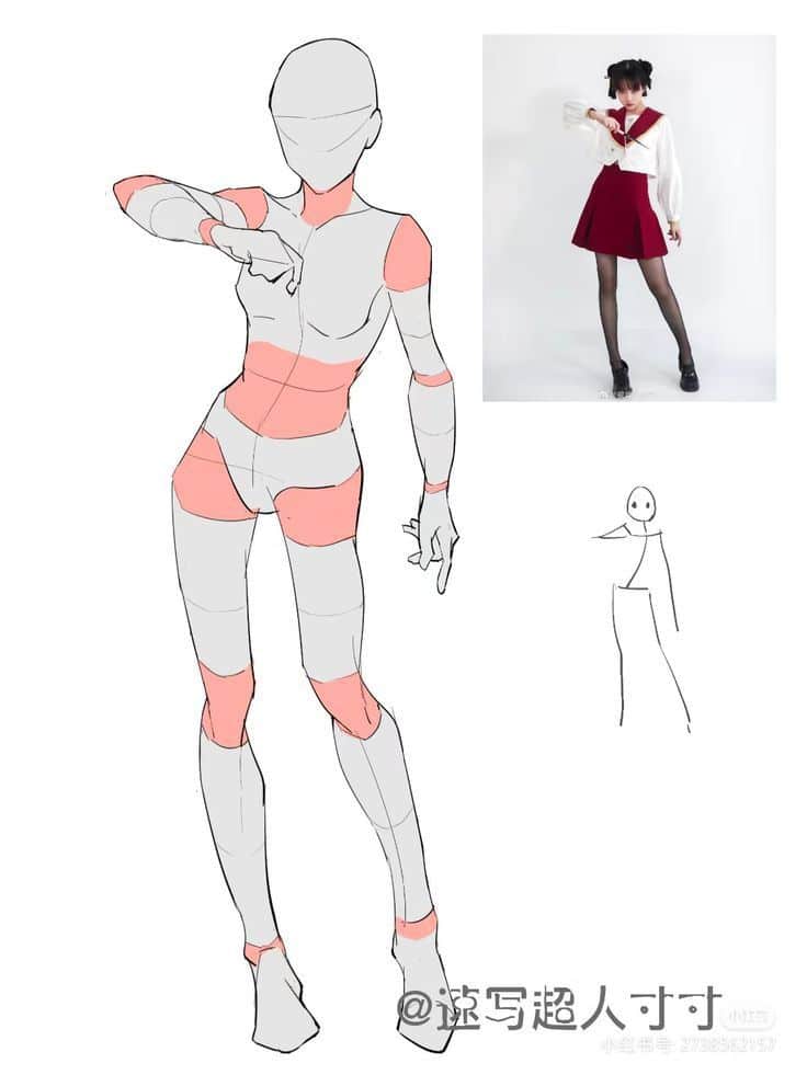 Anime-style drawing tutorial showing proportion guidelines with a reference photo of a girl in a red and white outfit.