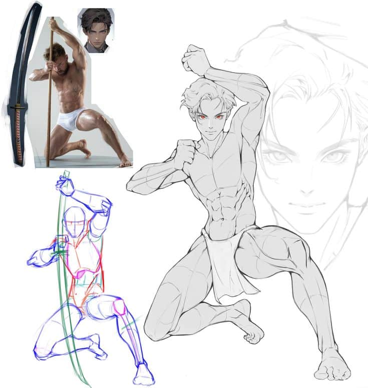 Anime-style character sketch with dynamic poses and references. Features detailed musculature and focus on action.