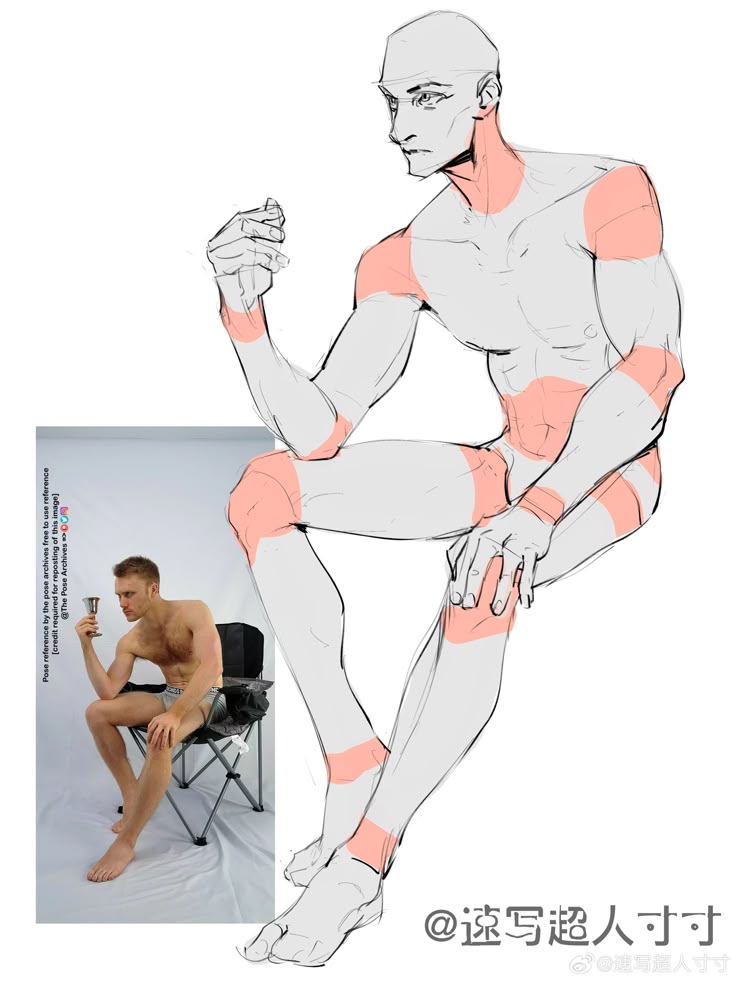 Artistic figure drawing based on a photo reference, highlighting significant anatomical points.