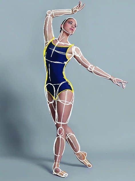 Ballet dancer in pose with highlighted joints and muscles, wearing a blue leotard against a gray background. Poses for OCs
