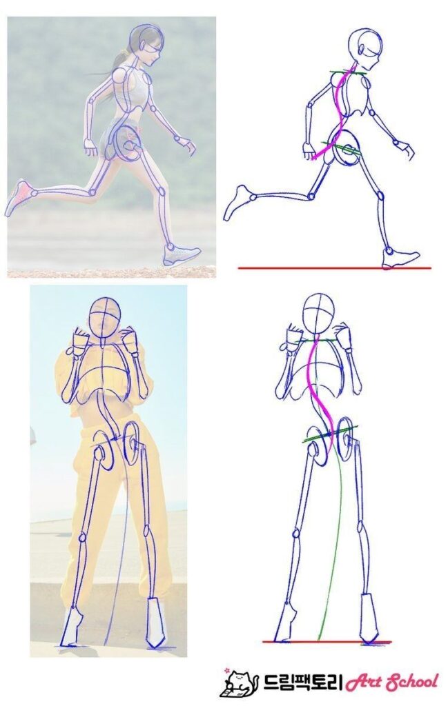 Illustration of human figure drawing techniques and poses, featuring walking and running stances.