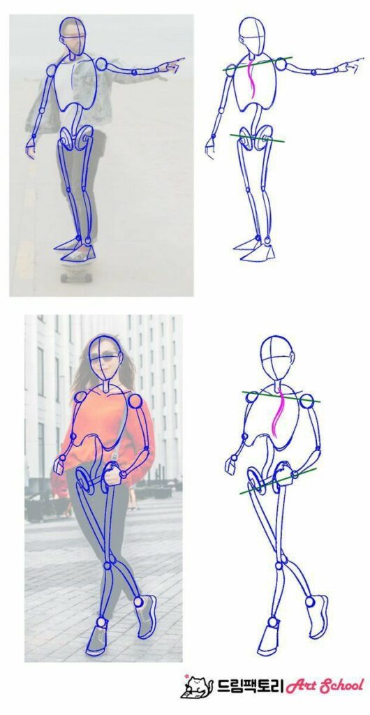 Illustration of figure drawing techniques for dynamic poses, showing skeleton outlines and human form in action.