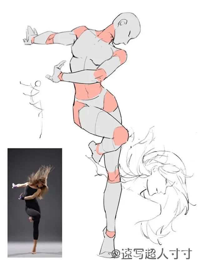 Sketch of a dancer in motion, highlighting anatomy and pose with visible comparison to a reference photo.