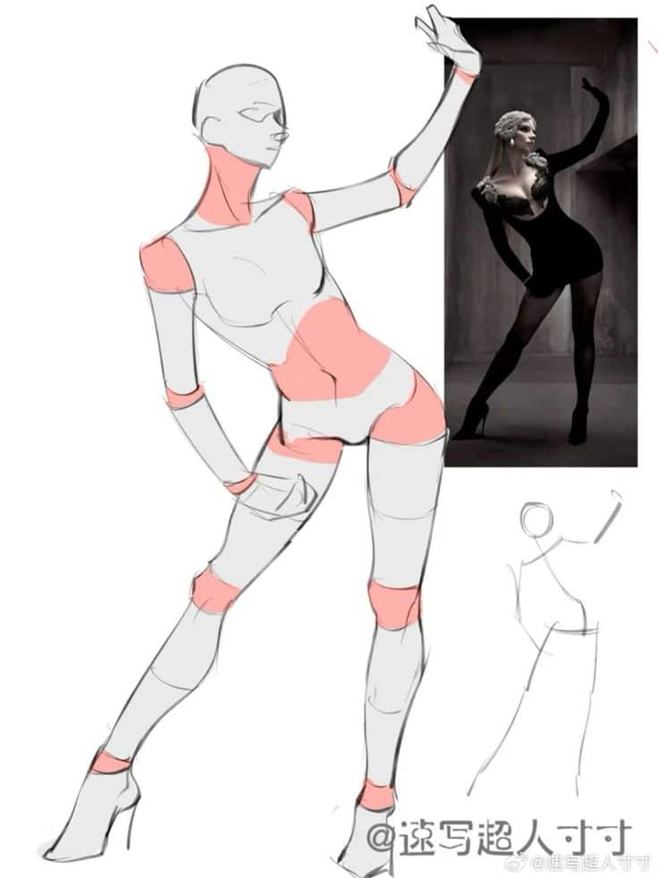 Artistic figure sketch with highlighted joints next to a model in a similar pose, showcasing pose reference.