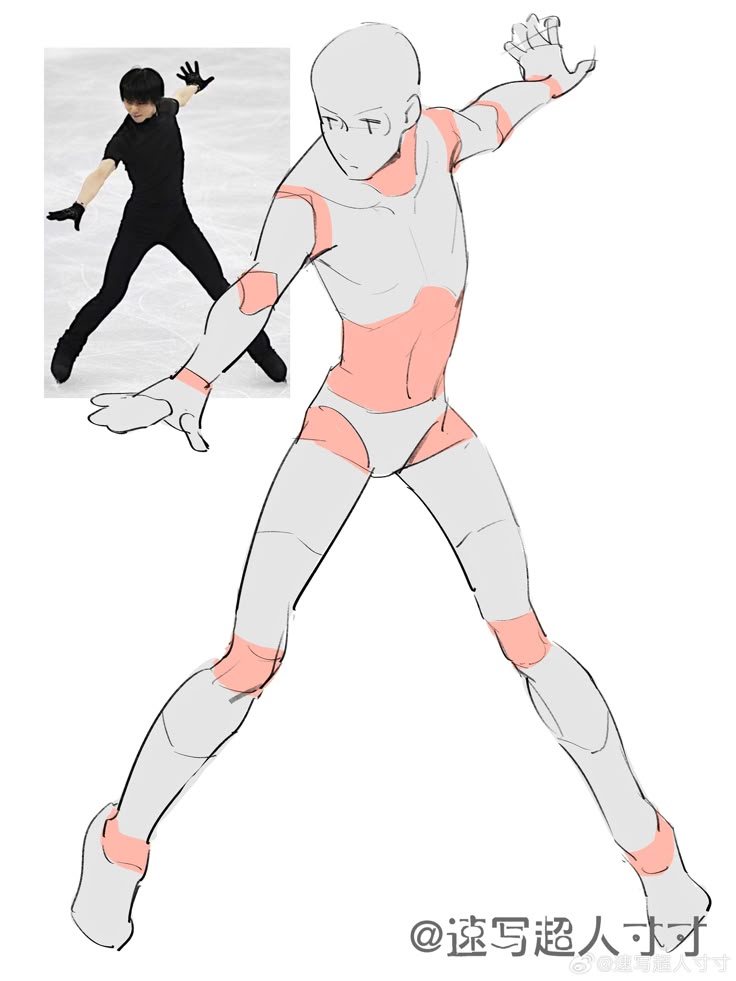 Figure skater in action with anatomy sketch demonstrating dynamic pose and movement.
