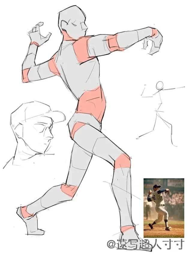Sketch of a baseball pitcher in motion with anatomical highlights and reference photo.