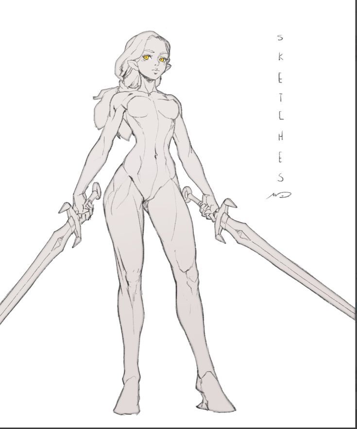 Sketch of a confident female warrior holding two swords, showcasing strength and courage in a dynamic pose.