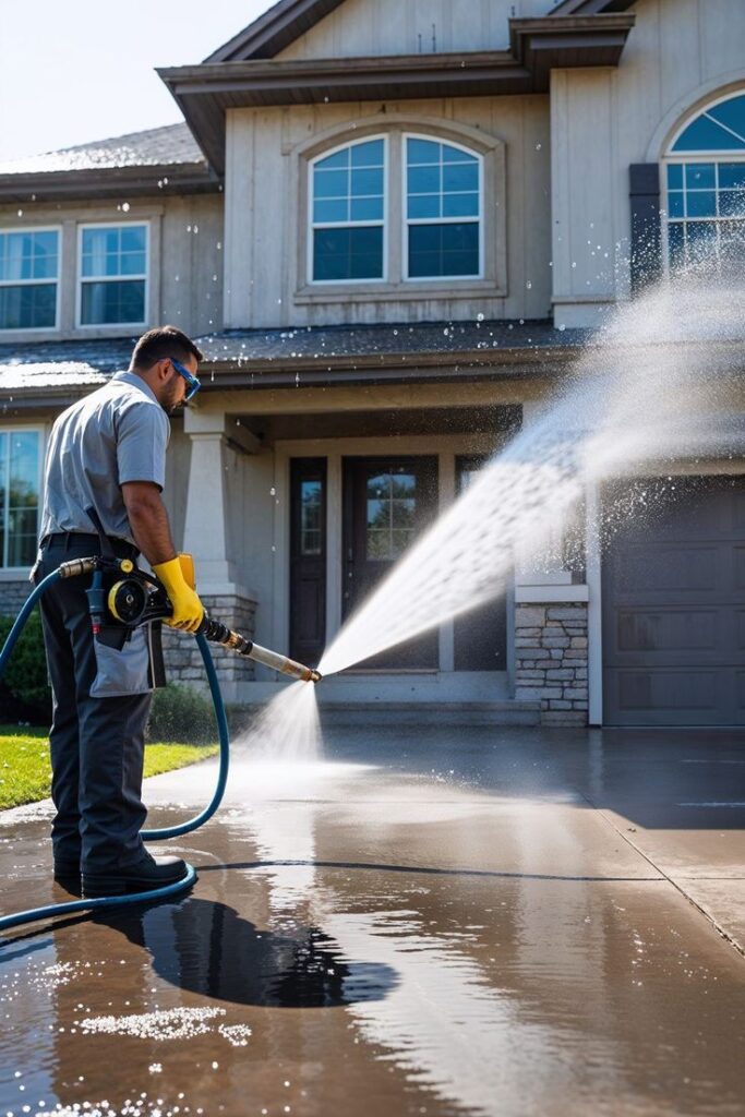 Professional cleaning driveway with power washer at residential home.