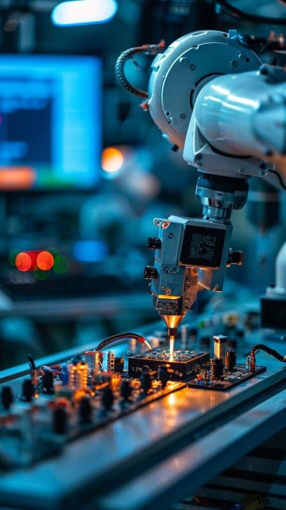 Robotic arm assembling electronic components on a circuit board in a high-tech manufacturing facility.