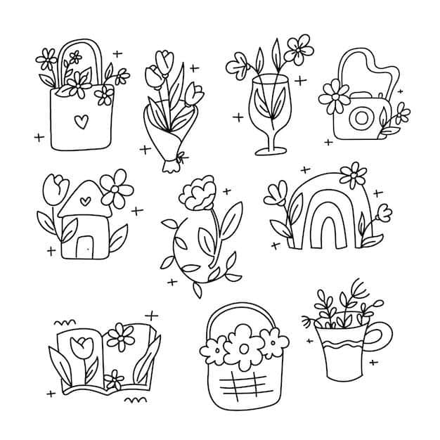 Premium Vector _ Aesthetic cute doodle flowers line art handdrawn Whimsical black and white doodle of flowers, baskets, and house elements, perfect for coloring or creative projects. | Sky Rye Design Whimsical black and white doodle of flowers, baskets, and house elements, perfect for coloring or creative projects.