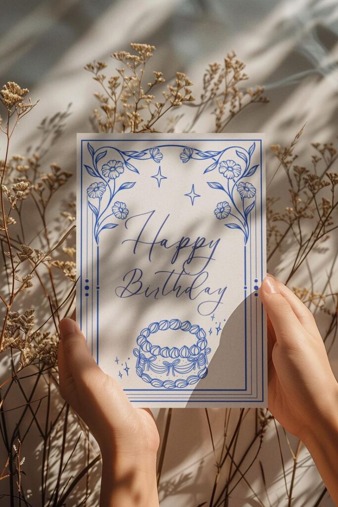 Elegant Happy Birthday card held among dried flowers, featuring floral and cake design.