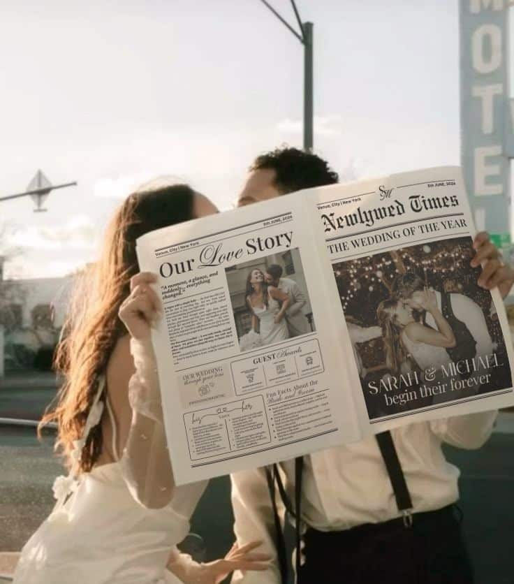 Couple kissing behind a newspaper with their wedding announcement, titled The Newlywed Times.