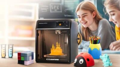 Children watching a 3D printer create a model castle in a classroom setting.