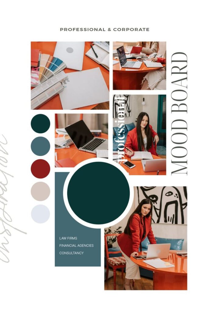 Professional and corporate mood board featuring laptops, color swatches, and office scenes for law firms and consultancies.