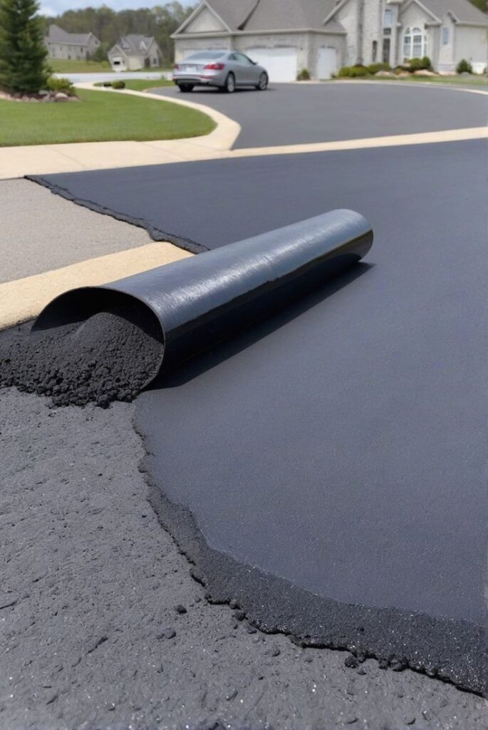 New asphalt driveway with smooth, seamless surface in residential neighborhood.