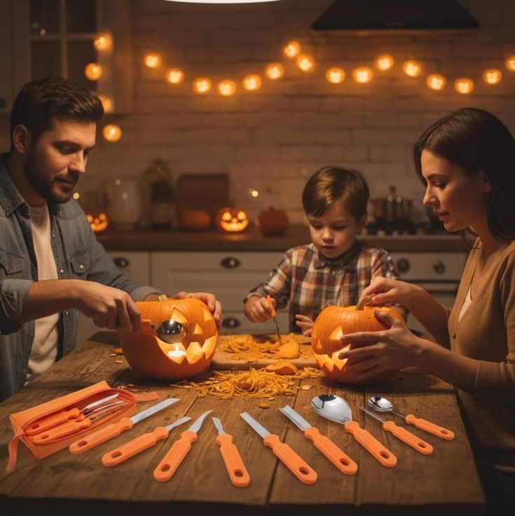 Family carving pumpkins together at a table, surrounded by carving tools for Halloween decorations.