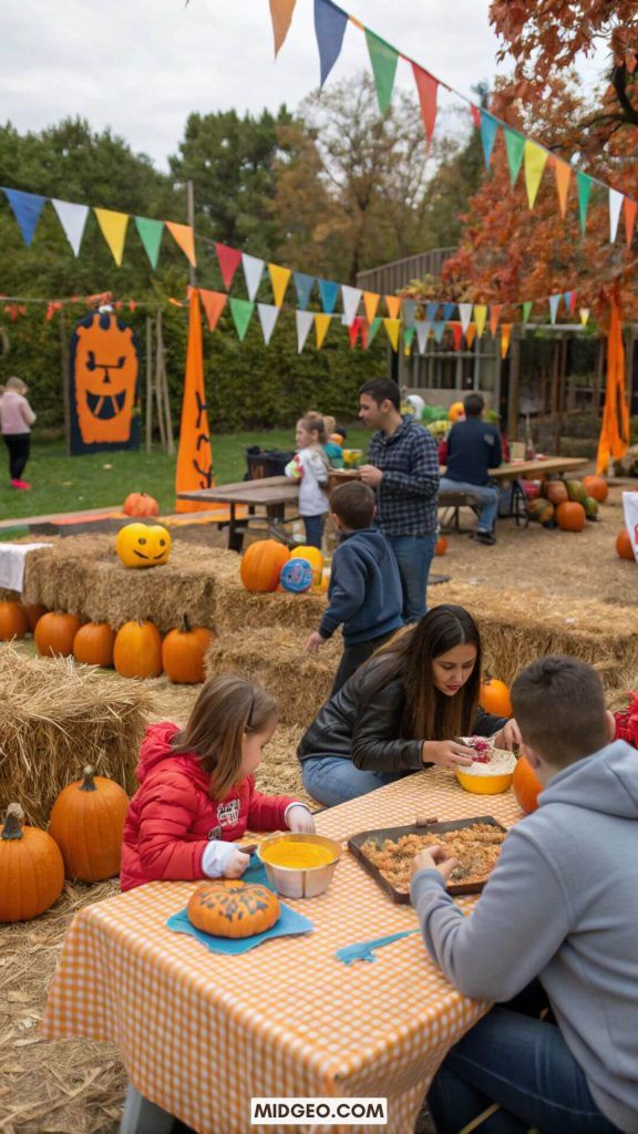 Family enjoys pumpkin painting at a festive fall fair with hay bales and colorful bunting.