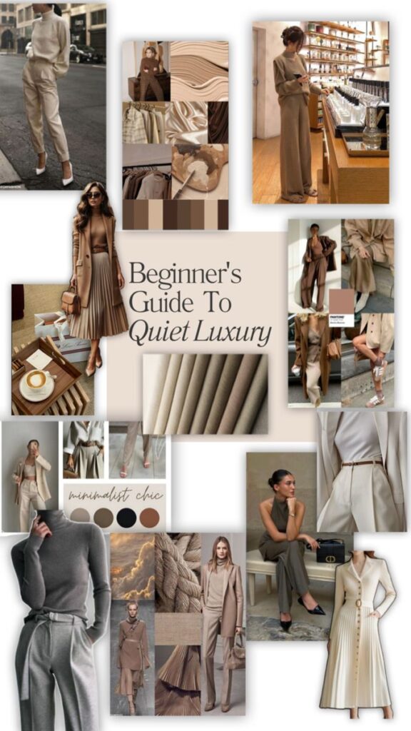 Collage of elegant beige fashion outfits and textures titled Beginner's Guide to Quiet Luxury. Minimalist chic.