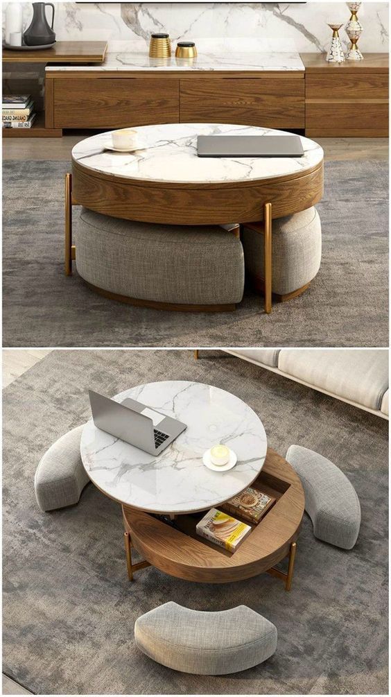 Modern round coffee table with marble top, wooden storage, and gray stools in a stylish living room setting.