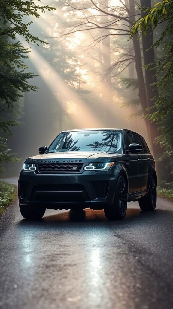 Sleek black Range Rover on a forest road with sunbeams filtering through trees.