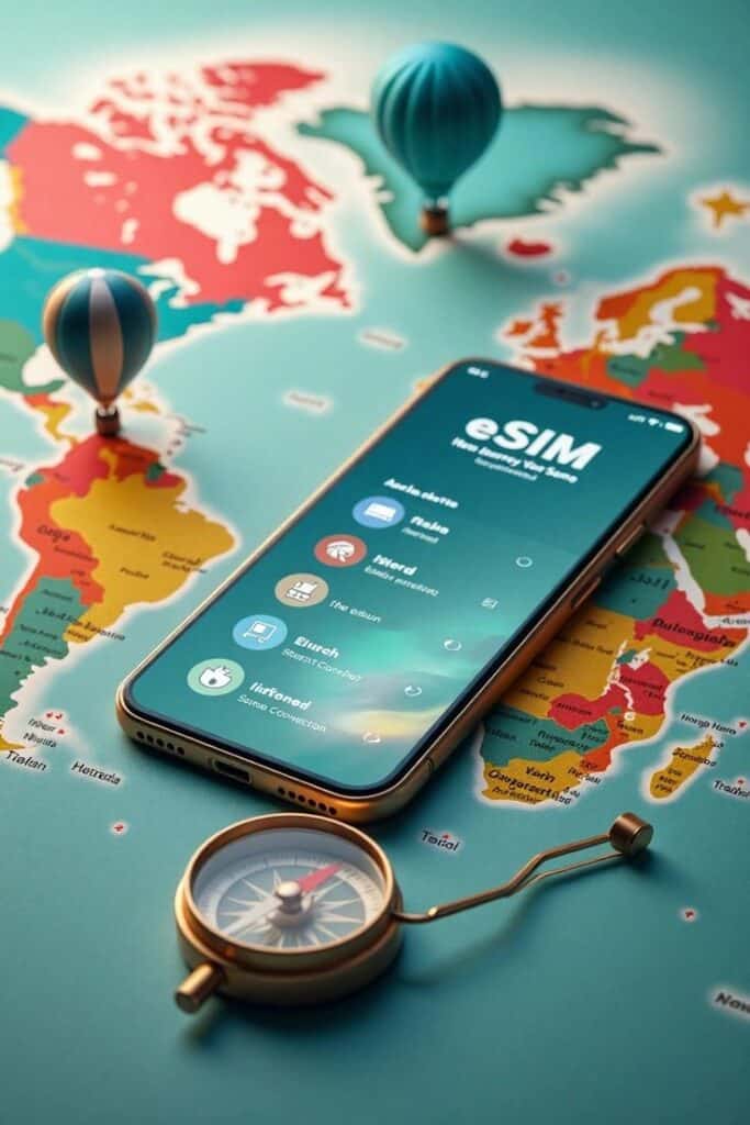 Smartphone displaying eSIM options on a colorful world map with a compass and hot air balloons, symbolizing global connectivity.
