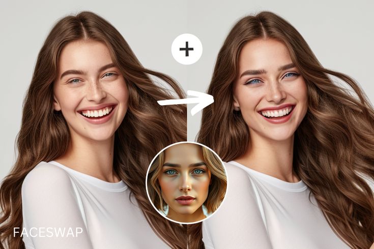 Woman undergoes faceswap transformation; showing before and after images with AI-generated enhancements.