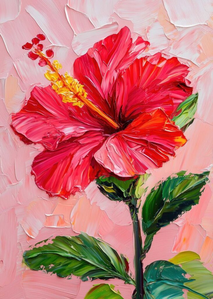 Impressionistic painting of a vibrant red hibiscus flower with green leaves on a textured pink background.