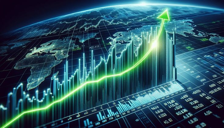 Rising stock market graph with global map background, symbolizing financial growth and economic trends.