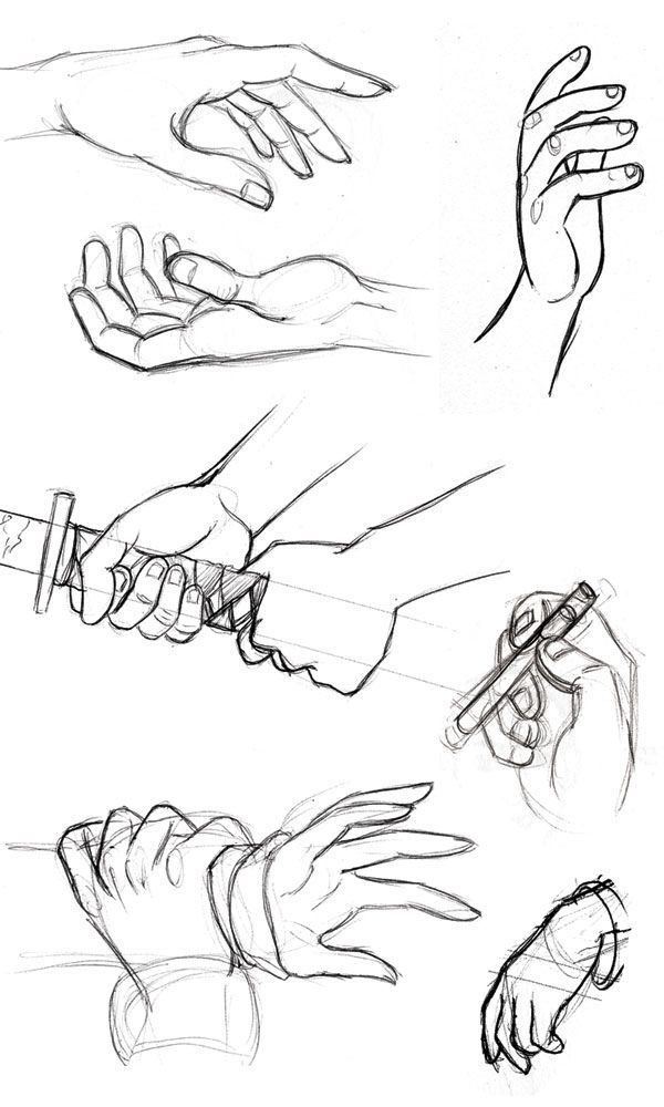 Sketches of hands in various poses, including holding a sword, gripping a pencil, and palms open.