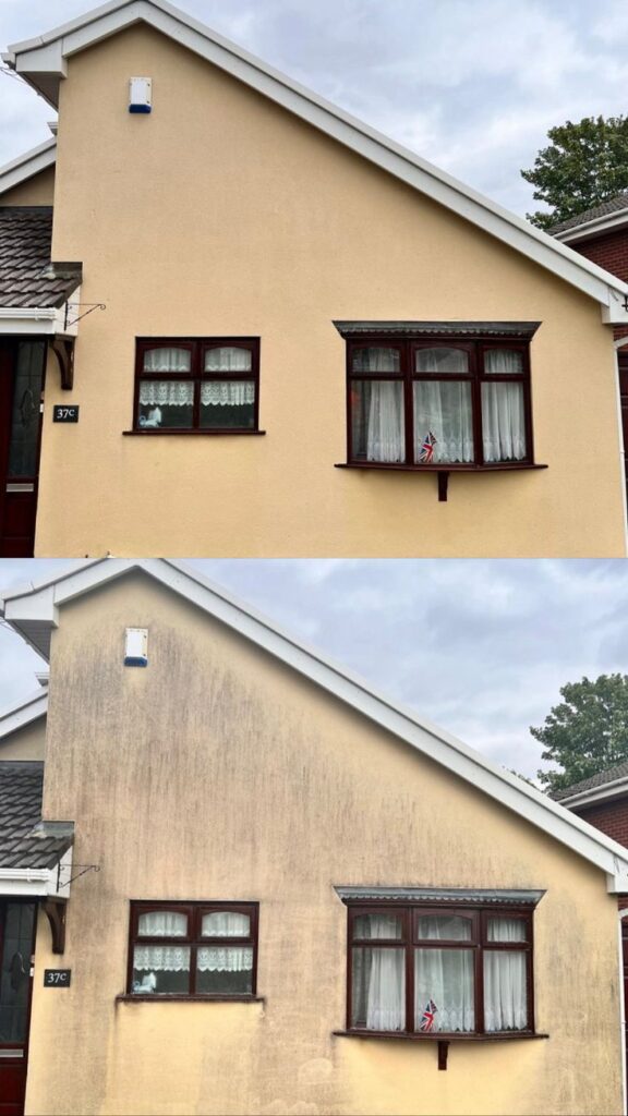 House exterior before and after cleaning, showing enhanced facade after power washing.