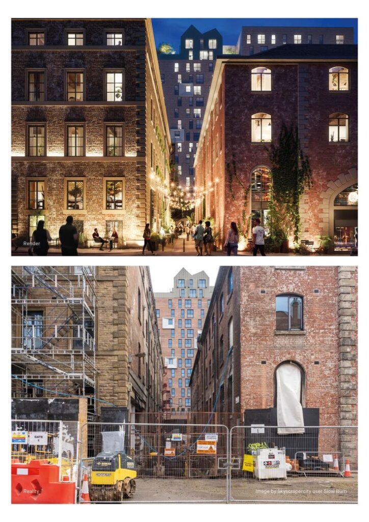 Comparison of architectural project, showing a vibrant night render above and a construction site below.