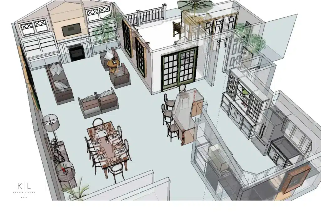 3D interior design rendering of a modern open-concept living, dining, and kitchen space with elegant furnishings.