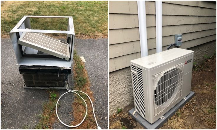 Old air conditioning unit on the left and a new outdoor HVAC unit installed on the right against a house wall.